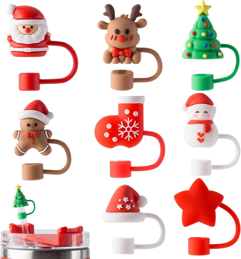 YuJoyC 8Pcs Silicone Red Christmas Straw Covers Cap for Stanley Cup 30&40 Oz Cup, Reusable Straw Toppers for Stanley Cup Accessories Tumbler with Handle for Water Bottle - Image 1